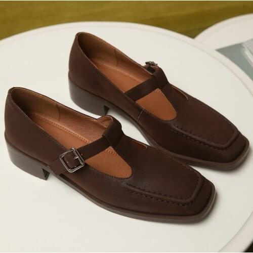 Womens genuine leather t-strap flats square toe casual espadrilles high quality soft comfortable student style shoes for women