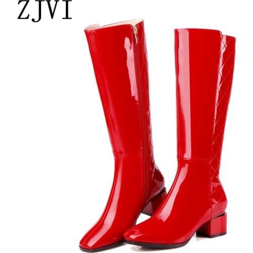 Ladies Square Heels Winter Knee High Boots Woman Patent Red Genuine Leather 2020 New Women Black Rain Shoes Thigh High For Girls