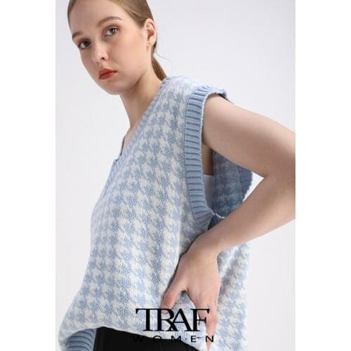 TRAF Za Women Fashion Oversized Houndstooth Knitted Vest Sweater Vintage Sleeveless Side Vents Female Waistcoat Chic Tops