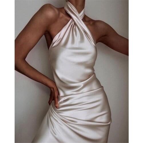 2021 New Ladies Shiny Dress Sexy Temperament Pure Color Sleeveless Western Halter Neck Slim Long Halter High Collar Daily Life