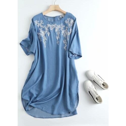 Floral Embroidery Denim Summer Dress Women High Waist Blue short Dress Short Sleeve Jeans Casual Dress Vestido Cotton