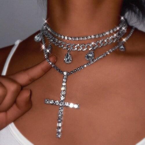 Luxury Iced out Miami Cuban Link Choker Chunky Necklace For Women Crystal Stone Cross Multilayer Tennis Chain Statement Jewelry