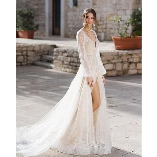Elegant A-Line Wedding Dresses Puff Sleeves Sequins Boho Bridal Gowns Sexy Backless Vestido De Novia Princess Party Dress
