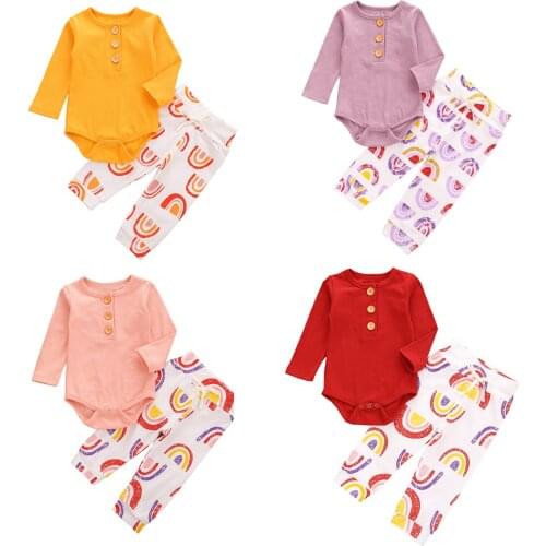 Sweet Infant Baby Girl Clothing Solid Color Button Long Sleeve Romper Top+rainbow Striped Print Long Pants 2pcs Set 0-24 Months