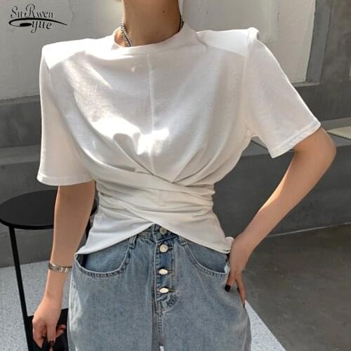 2021 Summer Fashion T-shirt Women Hem Slit Shoulder Pad T-shirt Short-sleeved Cross Pure Elegant Top Lady Mujer Camisetas 15918