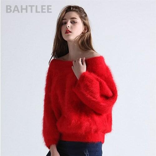 BAHTLEE Winter Womens Angora Pullovers Knitted Sweater Lantern Sleeves Slash Neck Keep Warm Loose Short Jumper Thick