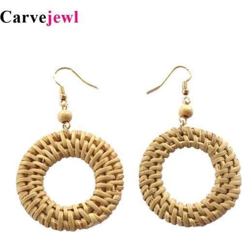 Carvejewl Korea Bamboo Wooden Straw Weave Rattan Knit earrings Vine Geometric Circle Drop Earrings for Women Girl Beach Jewelry