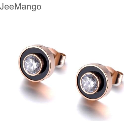 JeeMango Trendy Black Shell Zircon Crystal Stud Earrings For Women Rose Gold Stainless Steel Jewelry Accessories Kolczyki E19001