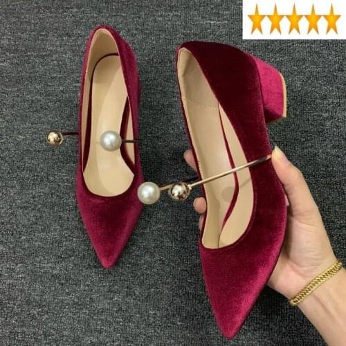 Mid Women Elegant Pearl Wine Red Suede Pointed Toe Pumps Brand Party Wedding Shallow Thick Heel Shoes Bridal Footwear