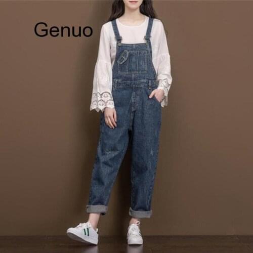 Women Vintage Casual Loose Denim Jumsuits Ladies Retro Plus Size Denim Overalls Jeans Rompers Ladies Wide Leg Pants