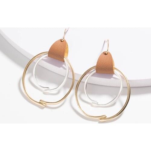 Korean Style Long Drop Leather Earrings Big Hollow Two Round Circle Earrings For Women Fashion Ear Jewelry Gift