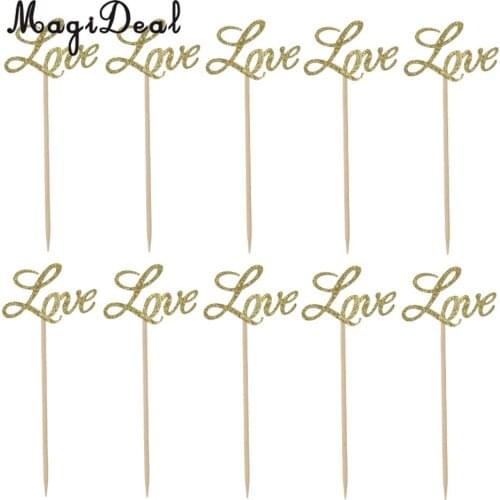 MagiDeal 10x Glitter Paper Gold LOVE Cake Cupcake Toppers Toothpicks Wedding Party Decor