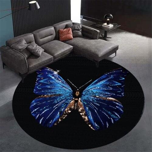 Fashion Purple Butterfly Printed Bedroom Round Rug Black Carpet Living Room Anti-slip Table Chair Floor Mat Bathroom Rug Bedside