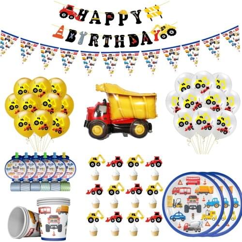 Construction Vehicle Excavator Theme Party Decoration Disposable Tableware Set Car Air Balloon Globos For Birthday Party Supply