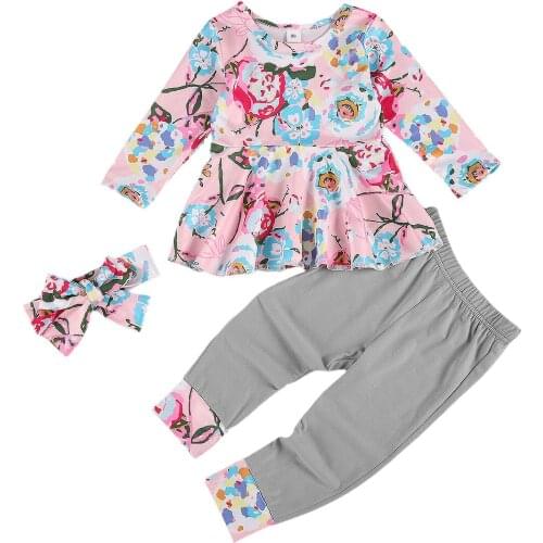 2020 Autumn 0-6Y Kids Baby Girl Casual Clothing Floral Print Long Sleeve Dress Top+Long Pants Headband 3pcs Outfits Set