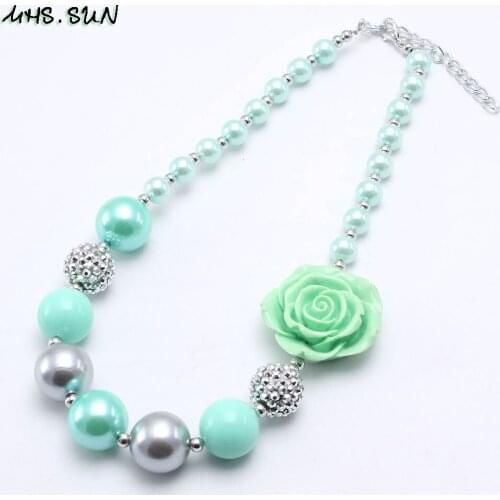 MHS.SUN Girls Chunky Beads Necklace With Green Flower Fashion Kids Chunky Bubblegum Necklace Handmade Jewelry For Child Gift