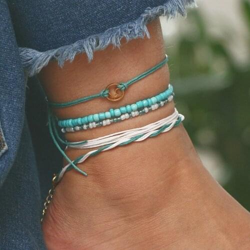 Fashion Handmade Beach Ankle Bracelets for Women Creative Beaded Leather Rope Weaving Wave Multi-layer Foot Chain Anklets