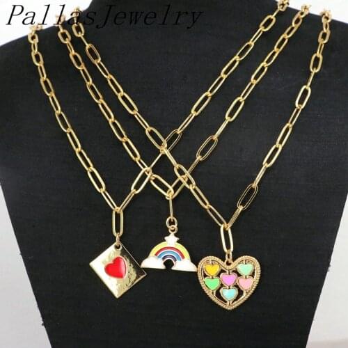 Mix Style 5Pcs Colorful Enamel Heart Shape Pendant, Gold Filled Rainbow Enamel Charm Necklace Gift For Birthday Gift