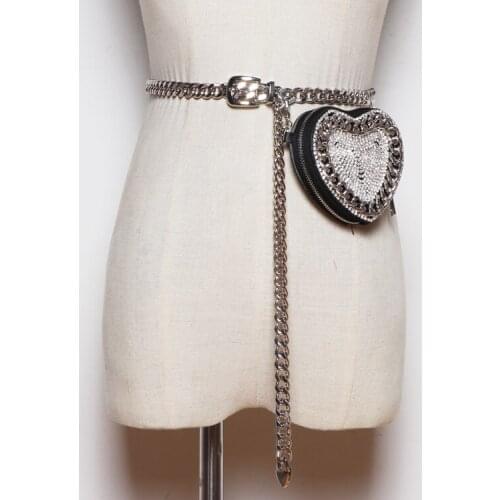 2020 Heart Circular Shape Waist Chain Coin Money Bag Bling Rhinestone Chain PU Fanny Packs Detachable Mini Female Messenger Bag