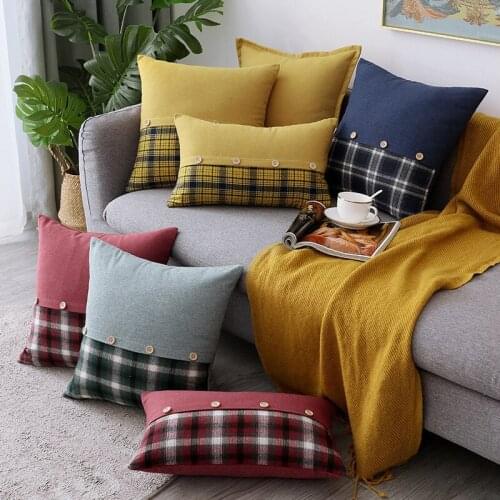 Simple Cotton and Linen Button Plaid Stitching Nordic Pillow Office Lumbar Pillow Cushion Pillowcase Decorations for Home