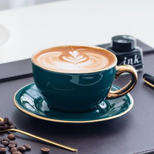 Luxury Gold Inlay Ceramic Coffee Cup and Saucer Coffee Cup Set Holder Green Color Milk Tea Cup Latte Cappuccino Cup Drinkware