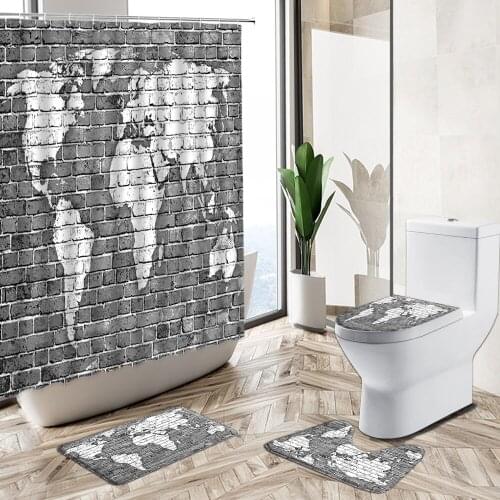 World Map Printing 3D Waterproof Shower Curtain Set Retro Old Brick Wall Navigation Bathroom Non-Slip Pedestal Rug Toilet Cover