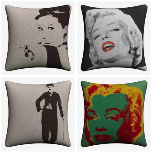 Vintage Hepburn Monroe Chaplin Soft Cotton Linen Cushion Covers 45x45cm Vintage Pillowcase For Sofa Home Decoration Almofada