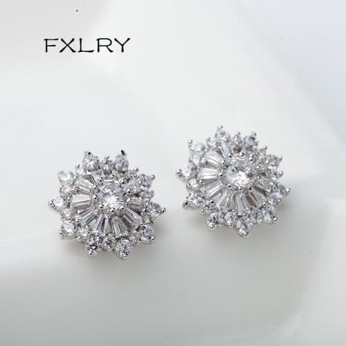FXLRY New Design Fashion White Color AAA+ Cubic Zircon Geometrical Flower Earrings For Girl To Gift