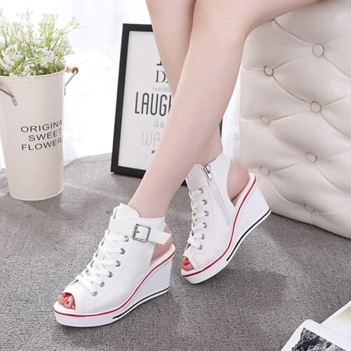 Spring Summer Womens Height Increasing Platform Canvas Fish Mouth Shoes Open Toe Hollow Canvas Wedge Shoes Zapatos Para Mujer