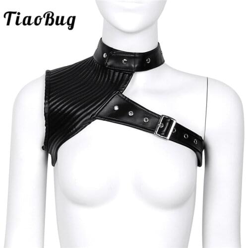 TiaoBug Women Black Faux Leather Halter Crop Top One Shoulder Adjustable Steampunk Gothic Chest Harness Belt Sexy Corset Bustier