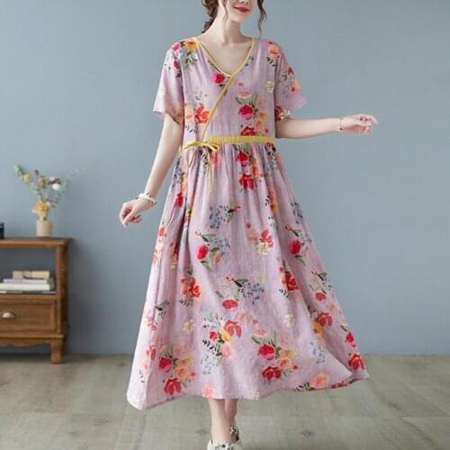 French Style Pleated Print Fashion Floral Dress 2021 New Arrival Ramie Loose Women Casual Summer Dress Office Lady Work Dress