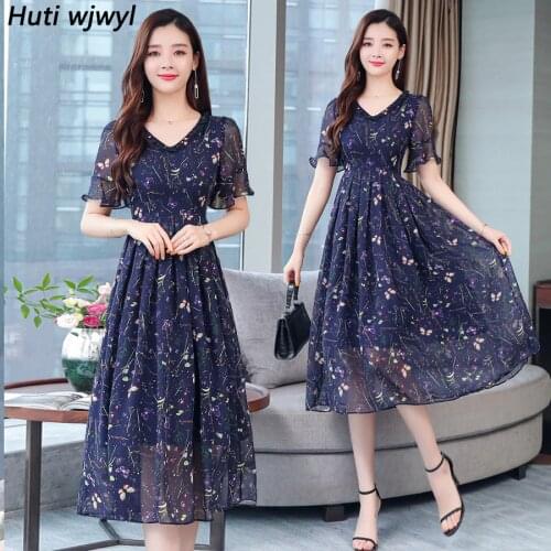 2021 Femal Print Chiffon Beach Midi Dresses Summer Vintage Plus Size Boho Floral Sundress Elegant Women Bodycon Party Vestidos