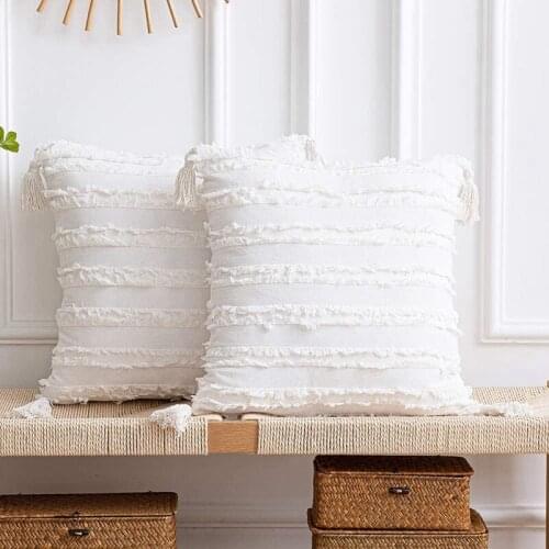 18X18inch Throw Pillow Cases: 2 Pack Boho Striped Cotton Linen Square Decorative Pillow Covers With Tassels White