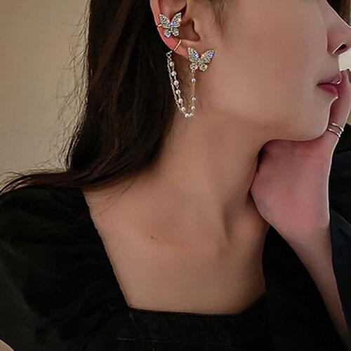 2021 New 925 Silver Needle Pearl Super Fairy Butterfly Korean Personality Fashion Asymmetrical Diamond Drop Earclip Female