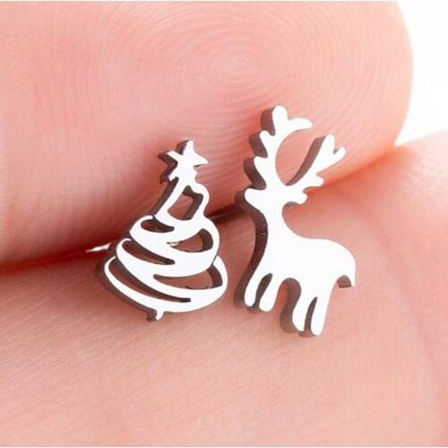 Mini Golden Black Stainless Steel Fashion Jewelry hollow out Fawn asymmetric stud girls Christmas tree Friend lovers Earrings
