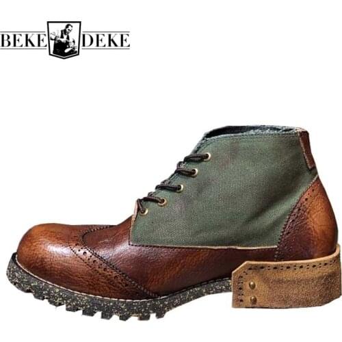 Vintage Mens Genuine Leather Work Safety Shoes Canvas Patchwork Motorcycle Ankle Boots Block Heels Lace Up High Top Riding Shoes