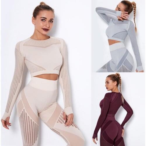 Quick Dry Seamless Sport Shirts Women Workout Tops Slim Fit Hollow Out Fitness Long Sleeved Shirts With Thumb Hole Colthes