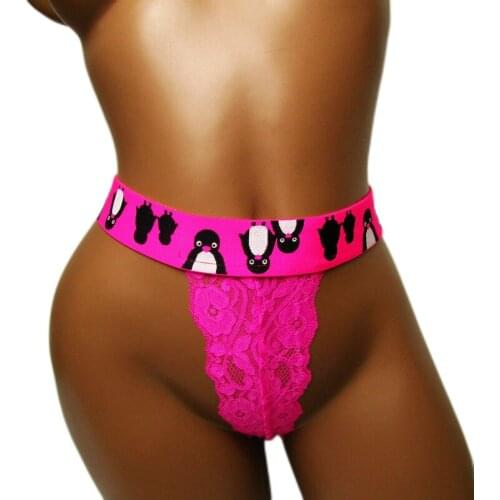CC Pink Women Panties Penguin Lace Sexy Thong Plus Size High Waist Micro Ladies Underwear Knicker Tanga G String Brazilian