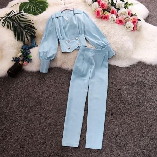 Ladies temperament V-neck Lantern sleeves short shirt high waist nine points straight pants suit female 2021 autumn new