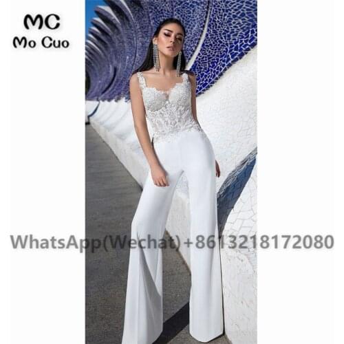 2021 Jumpsuit Lace Wedding Dresses Spaghetti Straps Beach Bridal Gowns Floor Length Elastic Satin Boho vestido de novi