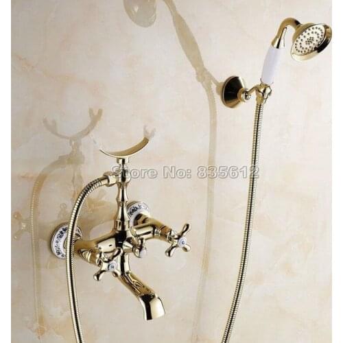 Gold Color Brass Wall Mounted Exposed Bathtub Shower Faucet Set with Bathroom Shower Hand Spray Wtf141