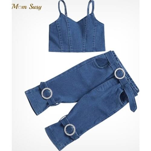 Fashion Baby Girl Denim Clothes Set Cotton Strap Vest+Flare Pant 2PCS Kids Jean Clothing Suit Sleeveless Outfit Summer 0-5Y