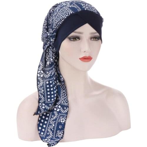 Fashion Muslim Long Tail Turban Caps For Women Forehead Cross Headscarf Bonnet Musulman Femme Headband Turbans Chiffon Hijab Cap