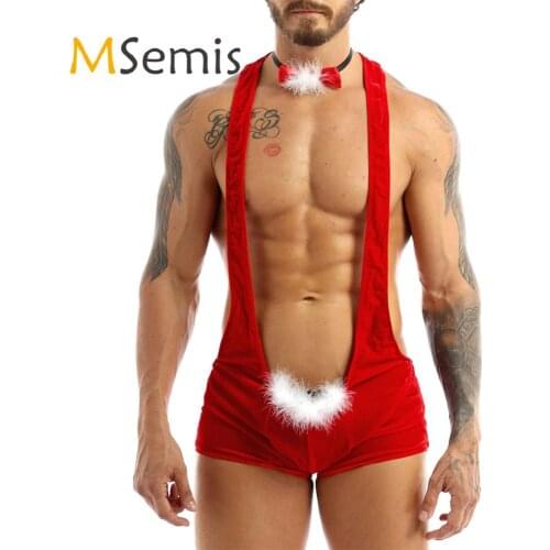 Mens Wrestling Singlet Underwear with Bowtie Soft Velvet Christmas Lingerie Wide Shoulder Straps Racer Back Leotard Bodysuit