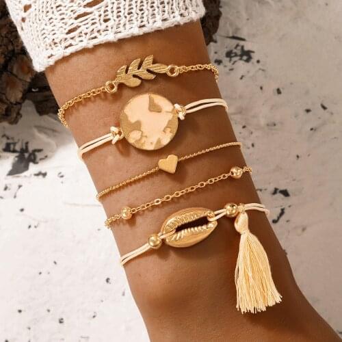 Docona 5pcs/set Bohemian Shell Heart Tassel Bracelet Set for Women Vintage Gold Map Leaf Adjustable Layered Bangles Jewelry 4000