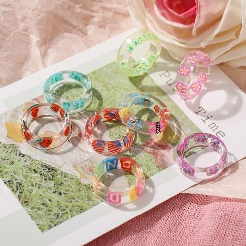 2021 Korea Colorful Fashion Resin Fruit Ring Set Metal Geometric Irregular Open Rings for Women Party Wedding Jewelry Ring Set