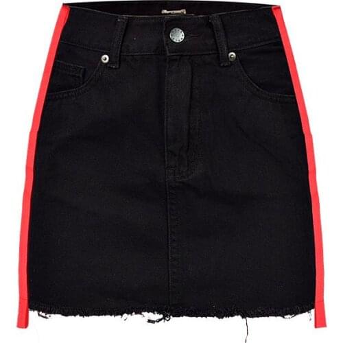 New High Waist Summer Skirt Women Fashion Cotton Denim Patchwork Side Stripe Red plus size 2XL