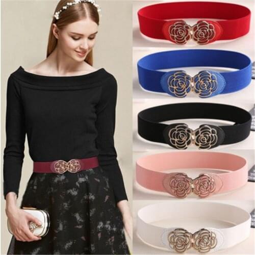 2019 New Design Women Adjustable Waistband Vintage Metal Flower Elastic Blue Strap Stretch Buckle Waist Belt for Ladies Dress