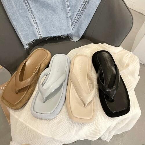 Muffins Shoe Women Platform Sandals Square Toe Slides Women Beige Comfort Slippers Female 2021 Womens Summer Flat Flip Flops