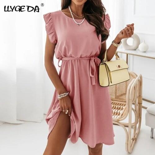 Solid A-line Ruffles Dress Woman Lace Up O-neck Sleeveless Pink Dresses For Women 2021 Elegant Female Fashion Ladies Clothing